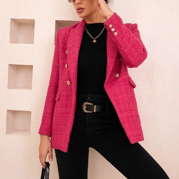 Pink Preppy Womens Lapel Collar Double Breasted Blazer Workwear - Picture 4 of 5